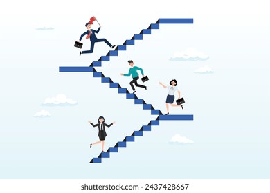Business people walk up stair to next level floor to the top, career path or improvement, growth stair to success, job promotion or business competition, aspiration or motivation to succeed (Vector)