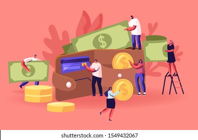 Business People Walking around of Huge Purse Full of Money. Cash and Credit Cards Concept, Tiny Men and Women Characters Holding Huge Golden Coins and Currency Bills. Cartoon Flat Vector Illustration