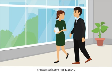 Business people walking down in office corridor and talking. Businessman and Businesswoman Corporate Conceptual illustration vector.

