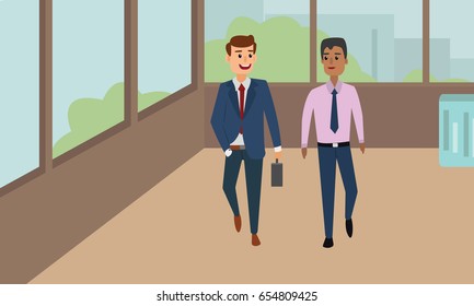 Business people walking down in office corridor and talking. Businessmen Discussion Conceptual illustration vector.
