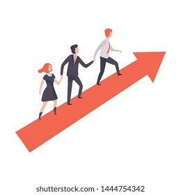 Business People Walking to Goal Along Growth Red Arrow Graph, Successful Business Team, Teamwork, Cooperation, Partnership Vector Illustration