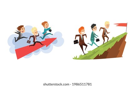 Business People Walking to Goal Overcoming Obstacles Set,, Successful Business Team, Teamwork, Cooperation, Partnership Cartoon Vector Illustration