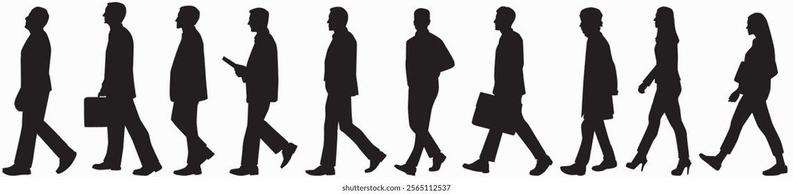 business people walking with hand bags, men and women in full length and side view silhouette. Vector silhouette illustration isolated of businesspeople on white background