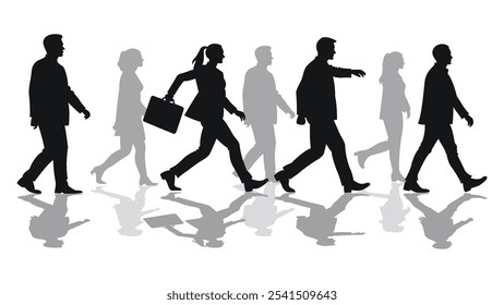 Business people walking to the office, set of vector silhouettes