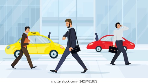 Business People Walking on City Street. Men and Women Characters Wearing Formal Clothing Hurry at Work on Urban Background with Taxi and Car Moving by Road, Lifestyle, Cartoon Flat Vector Illustration