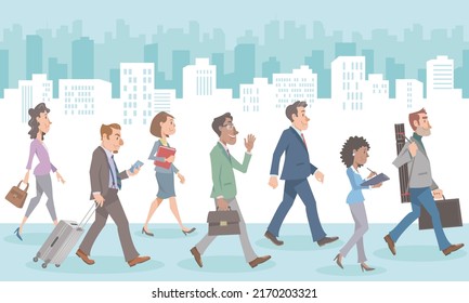 Business People Walking On Cityscape. Diverse Office Workers Walking With Smile On Business District. Vector Illustration In Flat Cartoon Style.