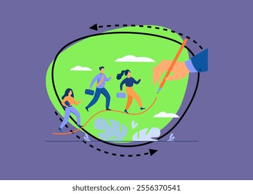 Business people walking up on increase chart line. Huge hand drawing growth diagram. Vector illustration for sales people, leadership, career, success concept