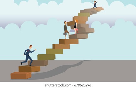 Business people walking, running and climbing concrete stairs on sky background banner with clouds. Go forward and business growth concepts illustration vector.
