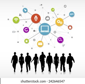 Business People Walking with Social Media Symbols Vector