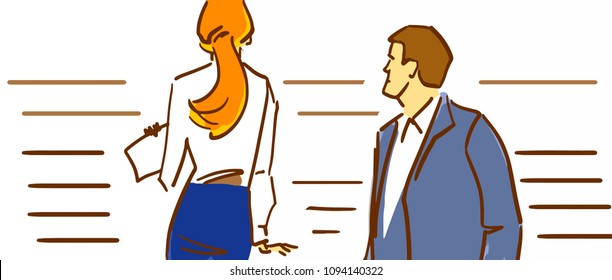 Business people walking the stairs of the building. Man in business suit and woman with papers in her hand. 