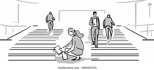 Business people walking the stairs of the building. Businesswoman collecting. Fallen papers.