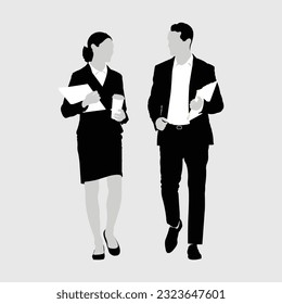 business people are walking and talking together. holding document files. business character silhouette illustration isolated on white background.