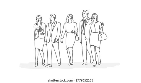Business people walking together discussing work. Line drawing vector illustration.