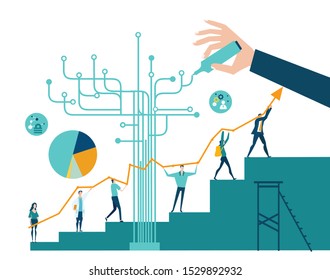 Business people walking up towards the success, holding the arrow as symbol of growth. Business concept illustration. 