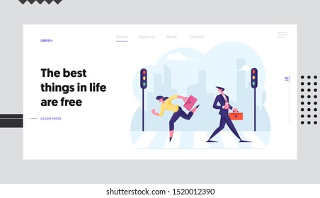 Business People Walking at Town Street Website Landing Page. Woman Hurry at Work by Road Crosswalk with Traffic Lights in City Center, Busy Urban Life Web Page Banner. Cartoon Flat Vector Illustration