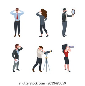 Business people watching. Characters view in telescope magnifying glass binoculars growth up successful person concept garish vector flat characters