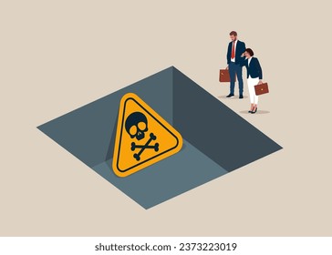 Business people watching a danger sign sunk in the gap. Flat vector illustration.