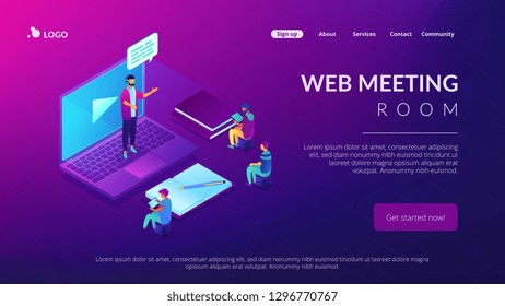 Business people watching online professional presentation on laptop. Online presentation, professional conference, web meeting room concept. Isometric 3D website app landing web page template