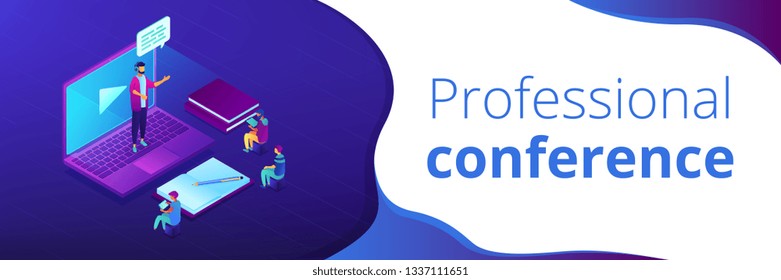 Business people watching online professional presentation on laptop. Online presentation, professional conference, web meeting room concept. Isometric 3D banner header template copy space.