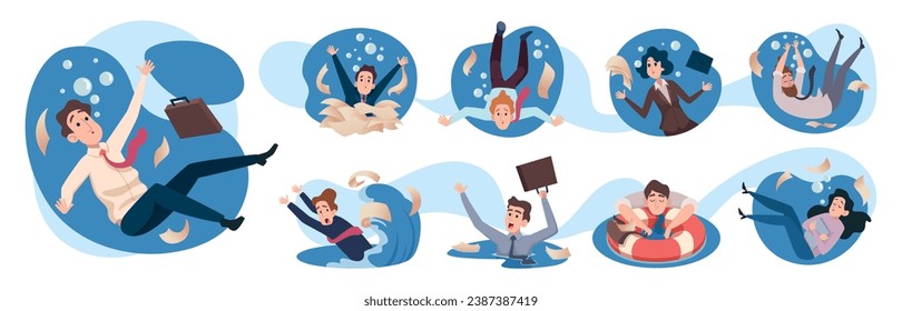 Business people in water. Managers entrepreneur persons swimming exact vector cartoon templates set