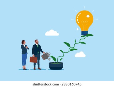 Business people watering seedling growing light bulbs in flower pot plant growing up as stair to climb to reach success. Growth, creativity and innovation concept. Modern flat vector illustration.