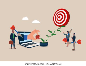 Business people watering seedling growing darts in flower pot plant . The business improve and growth concept. 