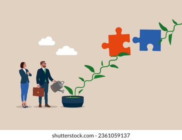 Business people watering seedling growing puzzle in flower pot plant. Collaboration, get business. Flat vector illustration