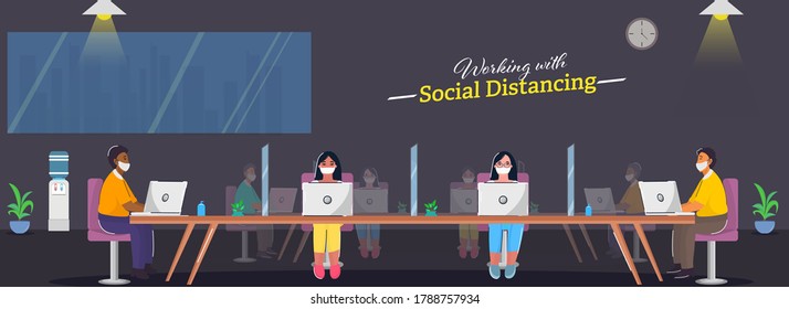 Business People Wear Face Mask Working Together At Workplace With Maintaining Social Distance For Avoid Coronavirus (Covid-19).