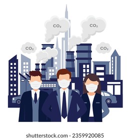 Business people wear face masks to protect smoke, dust and air pollution in city, factory pipes and industrial smog vector illustration.