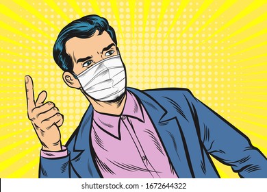 Business people wear masks to protect against infection, point the finger up. Pop art retro vector illustration 