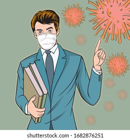 Business people wear masks to protect against the Corona virus or Covid-19. Pop art hand drawn style vector design illustrations. 