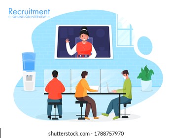 Business People Wear Protective Mask During Work Together At Workplace With Having Video Conference For Online Job Interview Recuitment Concept.
