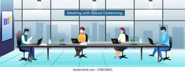 Business People Wear Protective Mask With Maintaining Social Distance In Meeting Room During Coronavirus (Covid-19). Advertising Header Or Banner Design.