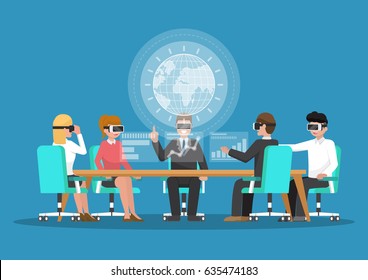 Business people wear vr glasses in virtual reality conference. Business and technology concept