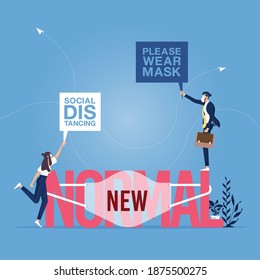 Business people wearing face mask manage to wear mask with the word new on main word Normal