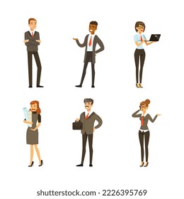 Business people wearing formal clothes in different activities. Set of business characters working in office vector illustration