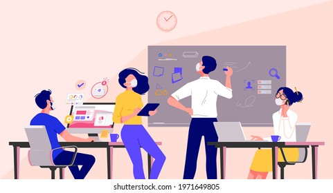 Business people wearing mask in the office. Minimal co-working space. Group of working office employees. Startup vector illustration. Team project, brainstorm, teamwork process during quarantine