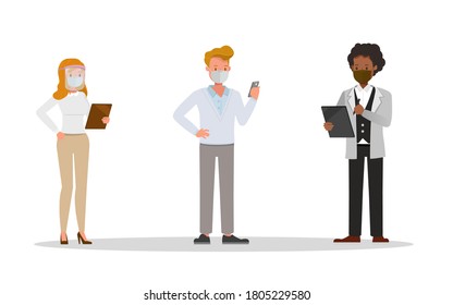 Business people wearing medical mask and face shield character vector design. Presentation in various action. New normal life.