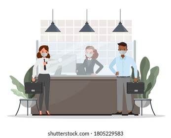 Business people wearing medical mask and face shield character vector design. Presentation in various action. New normal life.