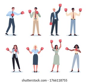 Business people wearing red boxing gloves. Female and male characters staying in strong winner pose. Business worker smile. Successful employee, competition concept. Flat vector illustration