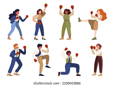 Business people wearing red boxing gloves. Female and male characters boxing. Business worker smile. Successful employee, competition concept. Flat vector illustration
