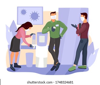 Business people wearing surgical masks and standing together, healthcare and prevention concept. Office workers in masks and gloves. Coronavirus quarantine covid-19. Self isolation in offices.