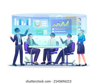Business people wearing VR glasses in virtual reality meetings and conferences. Digital Interface Screen Presentation. Flat style vector illustration