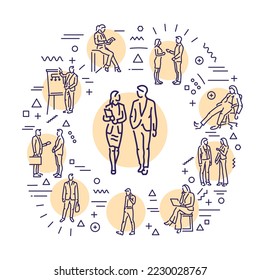 Business people web banner. Infographics with linear icons on white background. Creative idea concept.