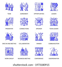 Business People web flat line icons set. Pack outline pictogram of teamwork, opportunities, collaboration, leadership, success concept. Vector illustration of symbols for website mobile app design