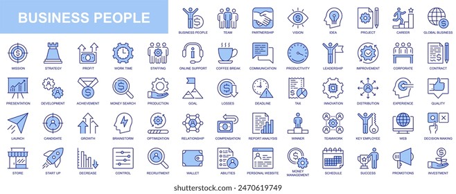 Business people web icons set in duotone outline stroke design. Pack pictograms with team, vision, idea, project, career, mission, strategy, profit, work time, staff, startup. Vector illustration.