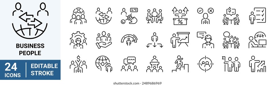 Iconos de línea de Web de personas de negocios, como reunión, equipo, estructura, comunicación, miembro, grupo. Trazo editable. Ilustración vectorial