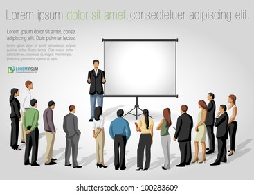 Business people and white billboard with empty space. Presentation screen.