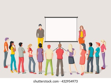 Business people and white billboard with empty space. Presentation screen.