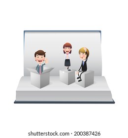 Business people with white boxes on open book